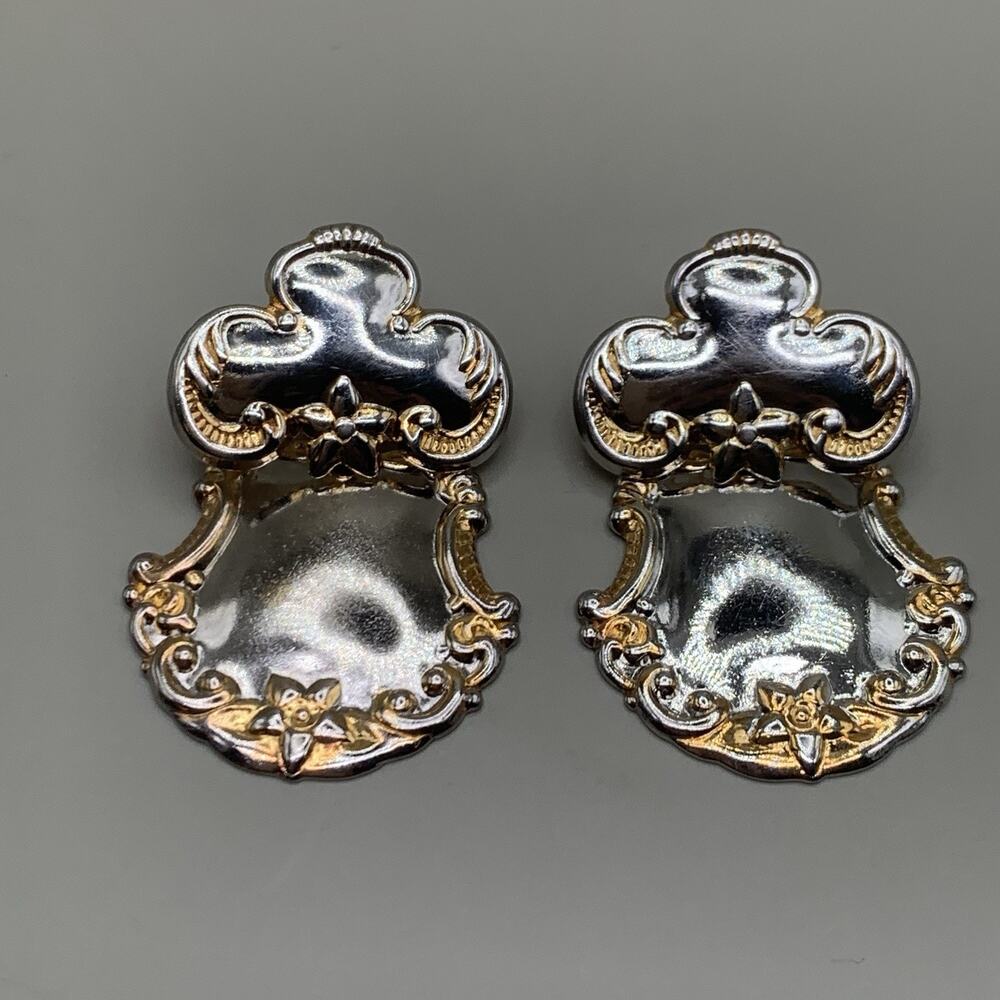 Luggage Tag Spoon Earrings Ornate Floral Silver Gold Tone Dangle
